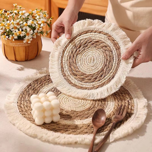 Napperons ronds en rotin tissés à la main – Lot de 6 pièces