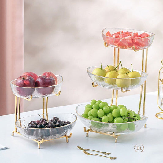 Plateau à gâteaux aux fruits et bonbons en verre avec cadre doré luxueux