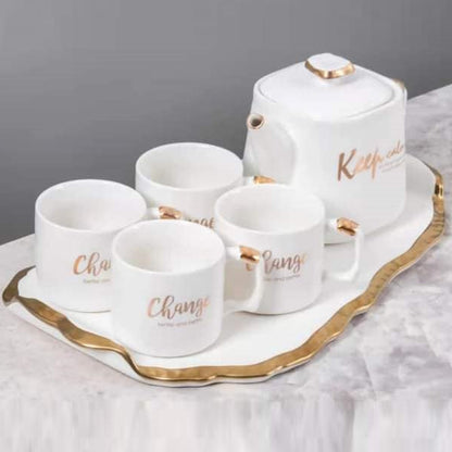 Service cafe en ceramique avec plateau une théière et 4 tasses