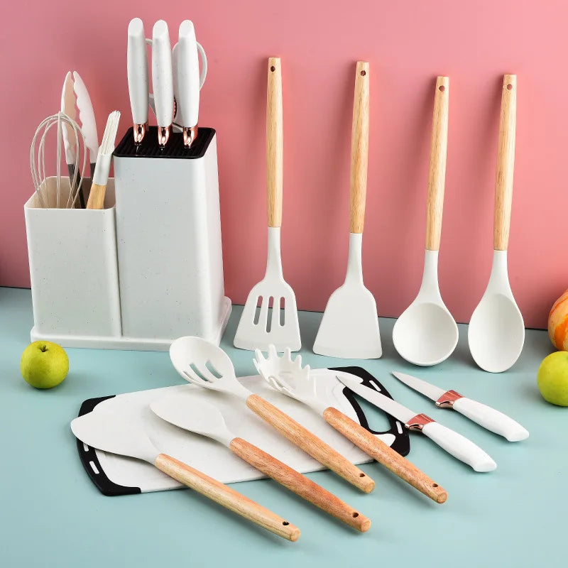 Ensemble d'Ustensiles de Cuisine en Silicone avec Manche en Bois-18 piece