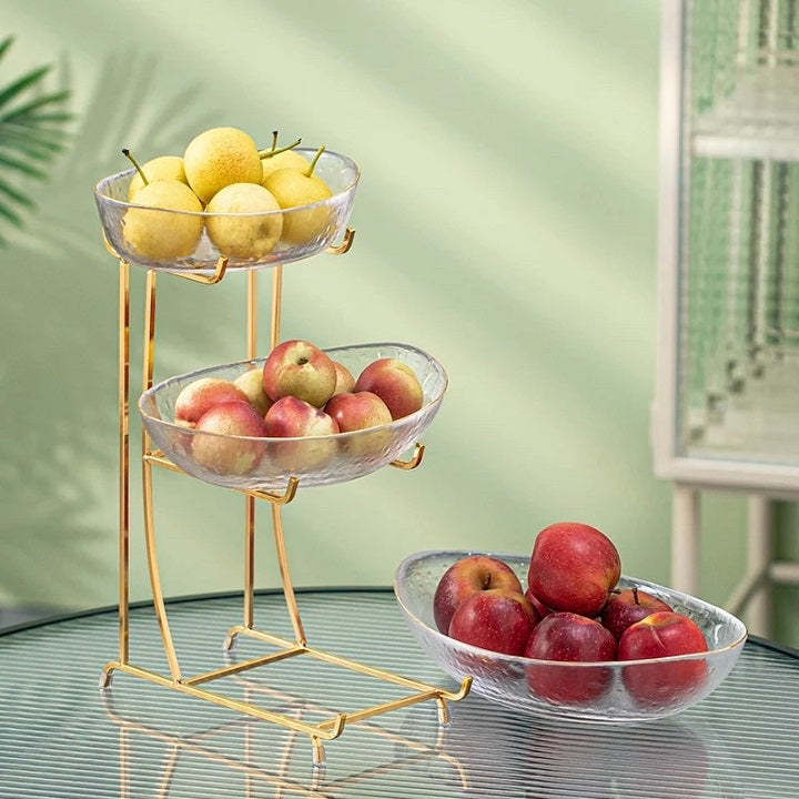 Plateau à gâteaux aux fruits et bonbons en verre avec cadre doré luxueux