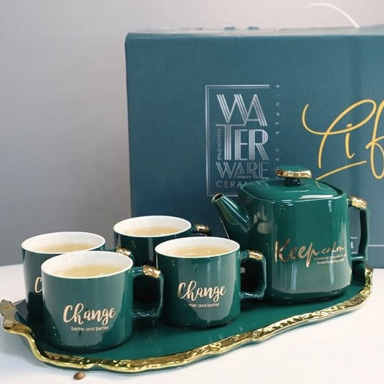 Service cafe en ceramique avec plateau une théière et 4 tasses