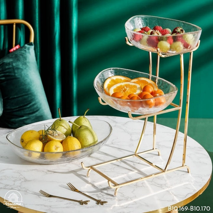 Plateau à gâteaux aux fruits et bonbons en verre avec cadre doré luxueux