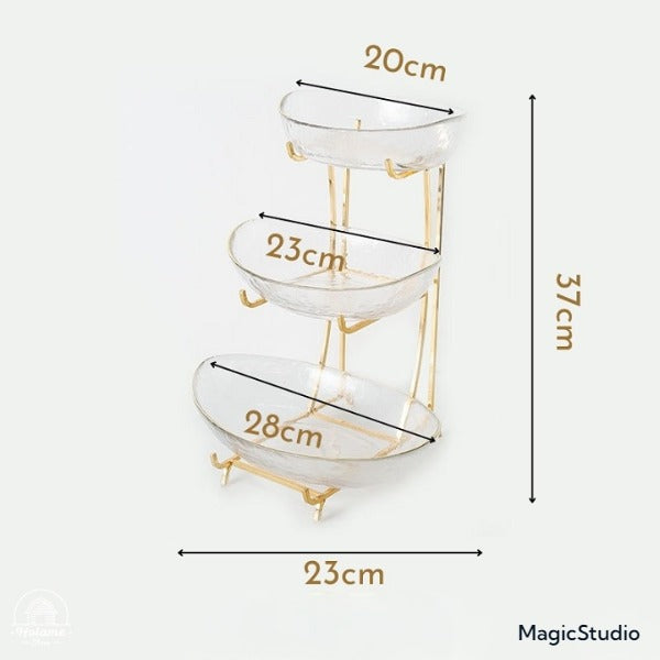 Plateau à gâteaux aux fruits et bonbons en verre avec cadre doré luxueux