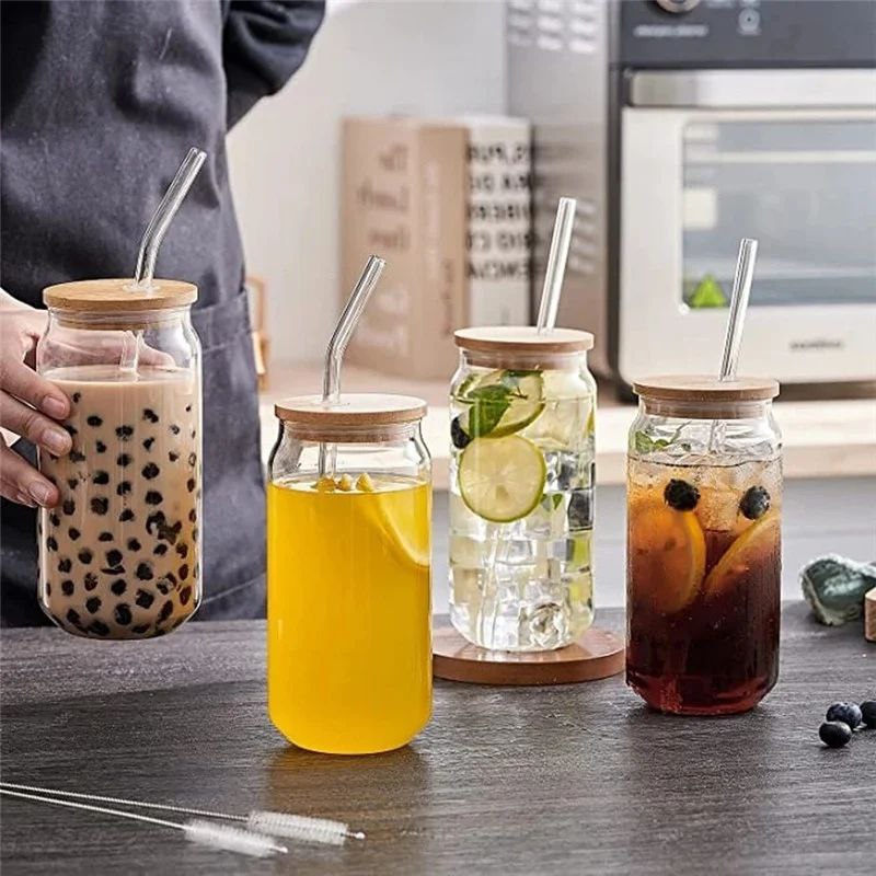 3 Tasse en Verre Transparent avec Couvercle et Paille 250 ml