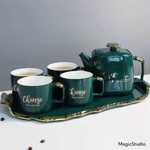 Service cafe en ceramique avec plateau une théière et 4 tasses