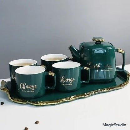 Service cafe en ceramique avec plateau une théière et 4 tasses