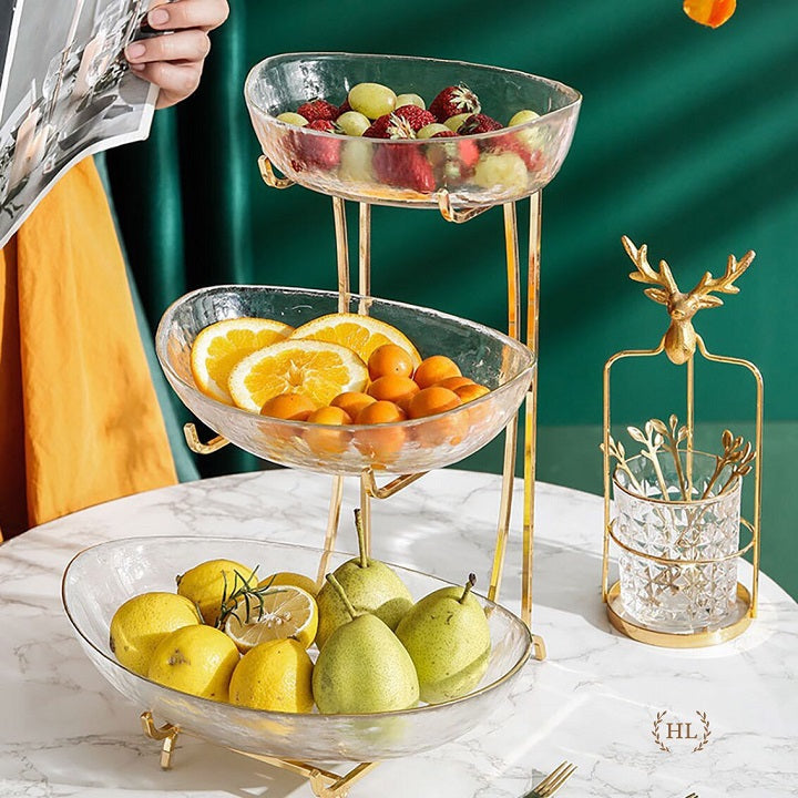 Plateau à gâteaux aux fruits et bonbons en verre avec cadre doré luxueux